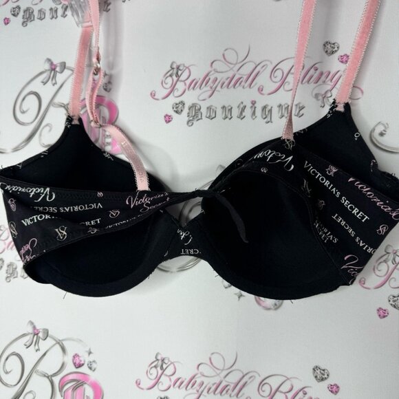 Victoria secret bra logo print black pink writing rare all over logo straps - Picture 5 of 6